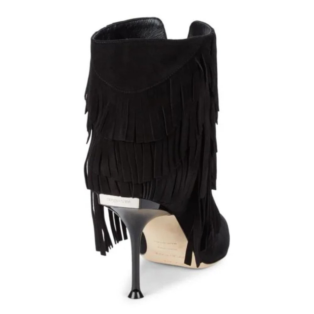 NIB$1265 SERGIO ROSSI Fringed Ankle Suede Booties Pointed Toe Stiletto Heels 37 - Picture 3 of 16